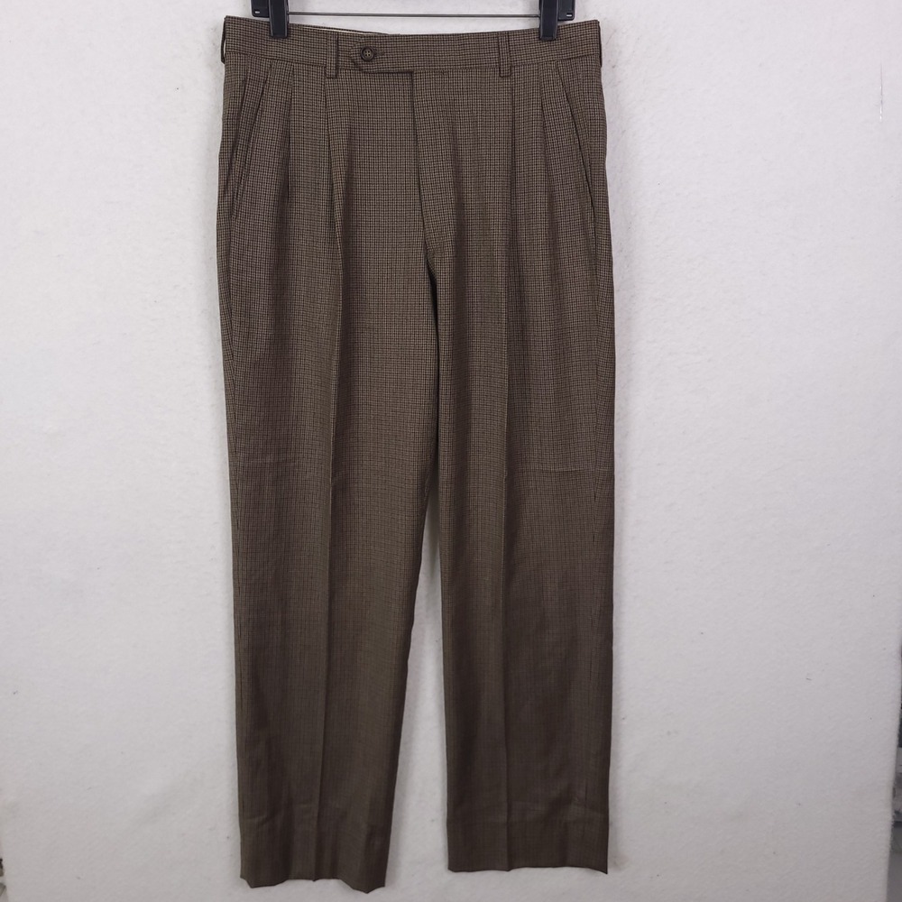Brooks Brothers Trousers Men 32x30 Brown Wool Cashmere Houndstooth Pleated Italy